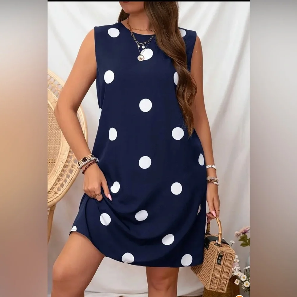 Women’s Navy Blue & Large White Polka Dot Sleeveless Dress. Various Sizes - Picture 1 of 4